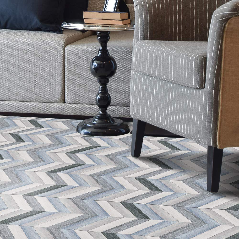 Azulejos de vinilo for suelo y pared, adhesivo autoadhesivo, diseño de chevron azul, 20 x 300 cm, 1 unidad