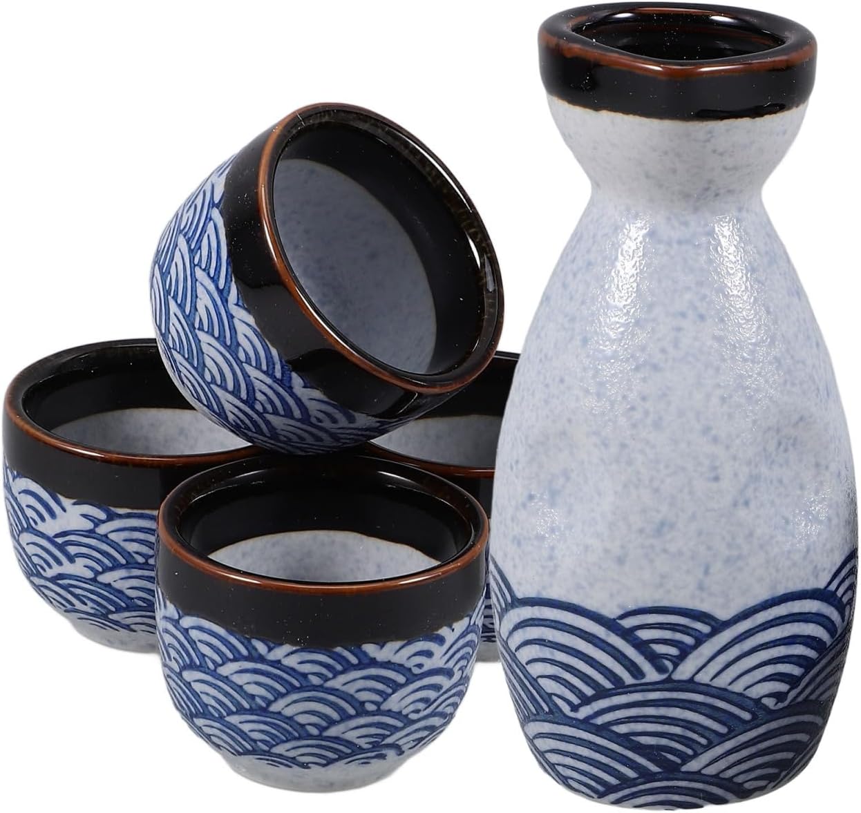 DOITOOL Ceramic Sake Cup Set Japanese Style Sea Ripple Design 1 Pot and 4 Cups Traditional Glazed Sake Serving Set for Home Bar Office Tea Party