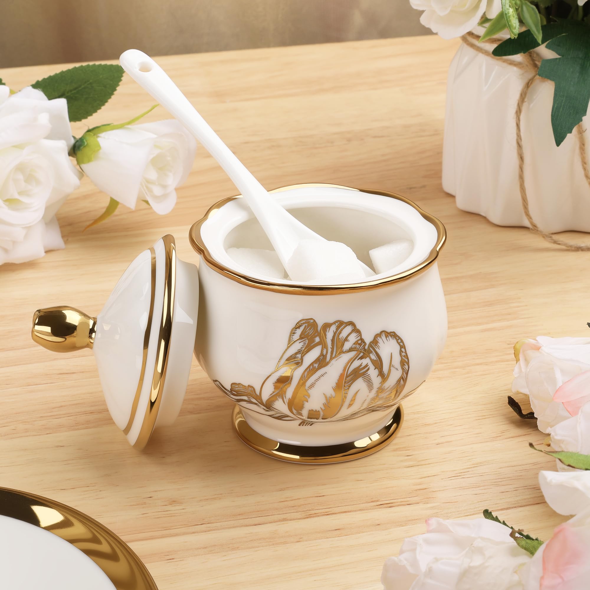 fanquare 21-częściowy zestaw do herbaty z brytyjskiej porcelany kostnej, zestawy do kawy Gold Tulip na przekąskę, 6 filiżanek do herbaty i spodków do kawy w domu, na ślub, urodziny