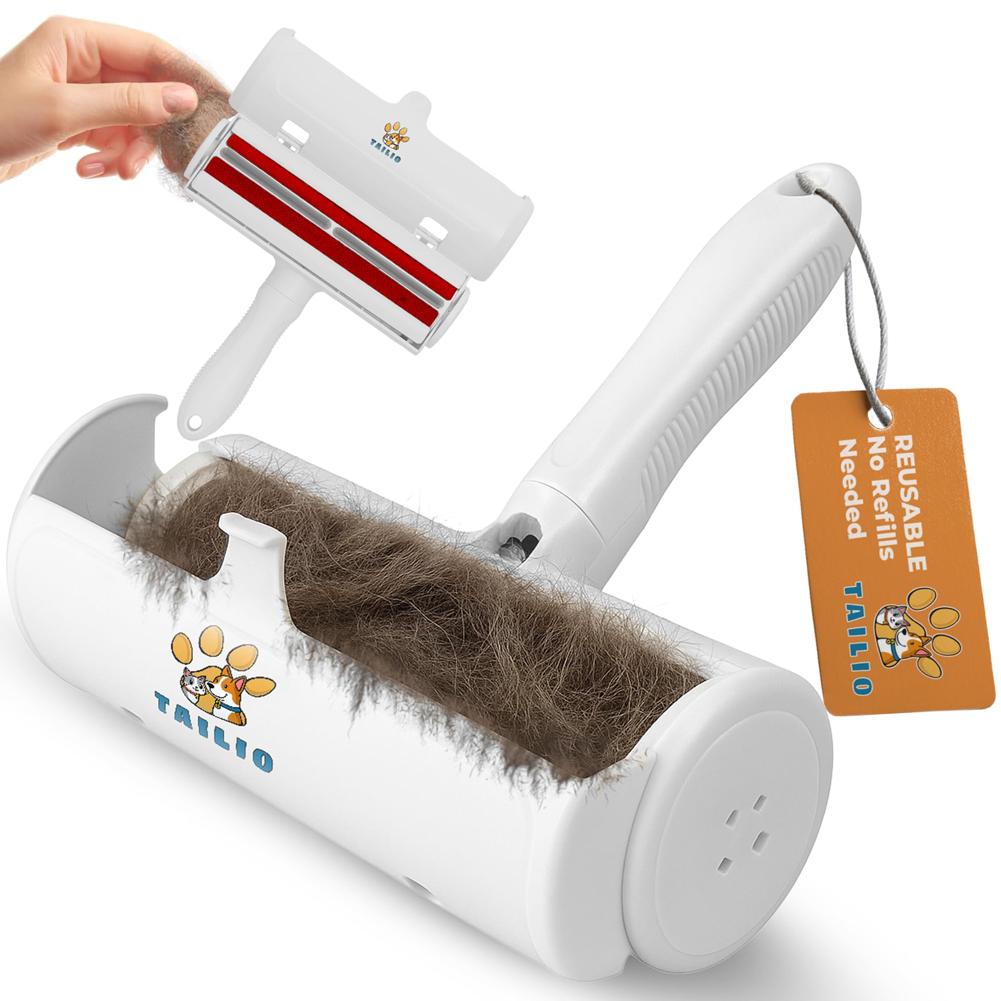 Pet Hair Remover with Fur Collector - Easy to Use Pet Hair Removal Tool - Cat &amp; Dog Hair Remover for Couch, Furniture, Clothes, Bedding, Car - Reusable Lint Roller (White)