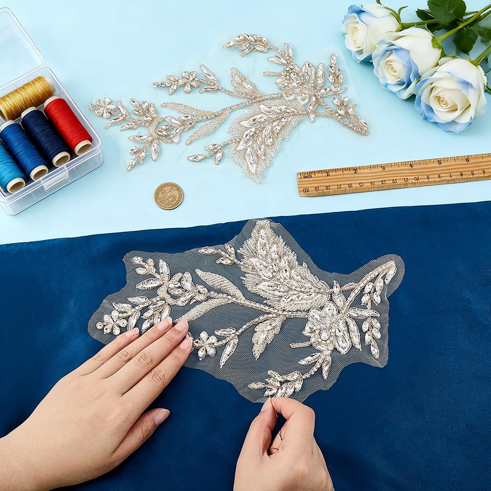 FINGERINSPIRE 1 Paio Applicazioni a Forma di Foglie con Specchietto Strass 265x155x4.5mm Toppa a Forma di Foglia Bianca con Perline di Vetro Bianche, Decorazione per Abito da Sposa, Velo da Sposa