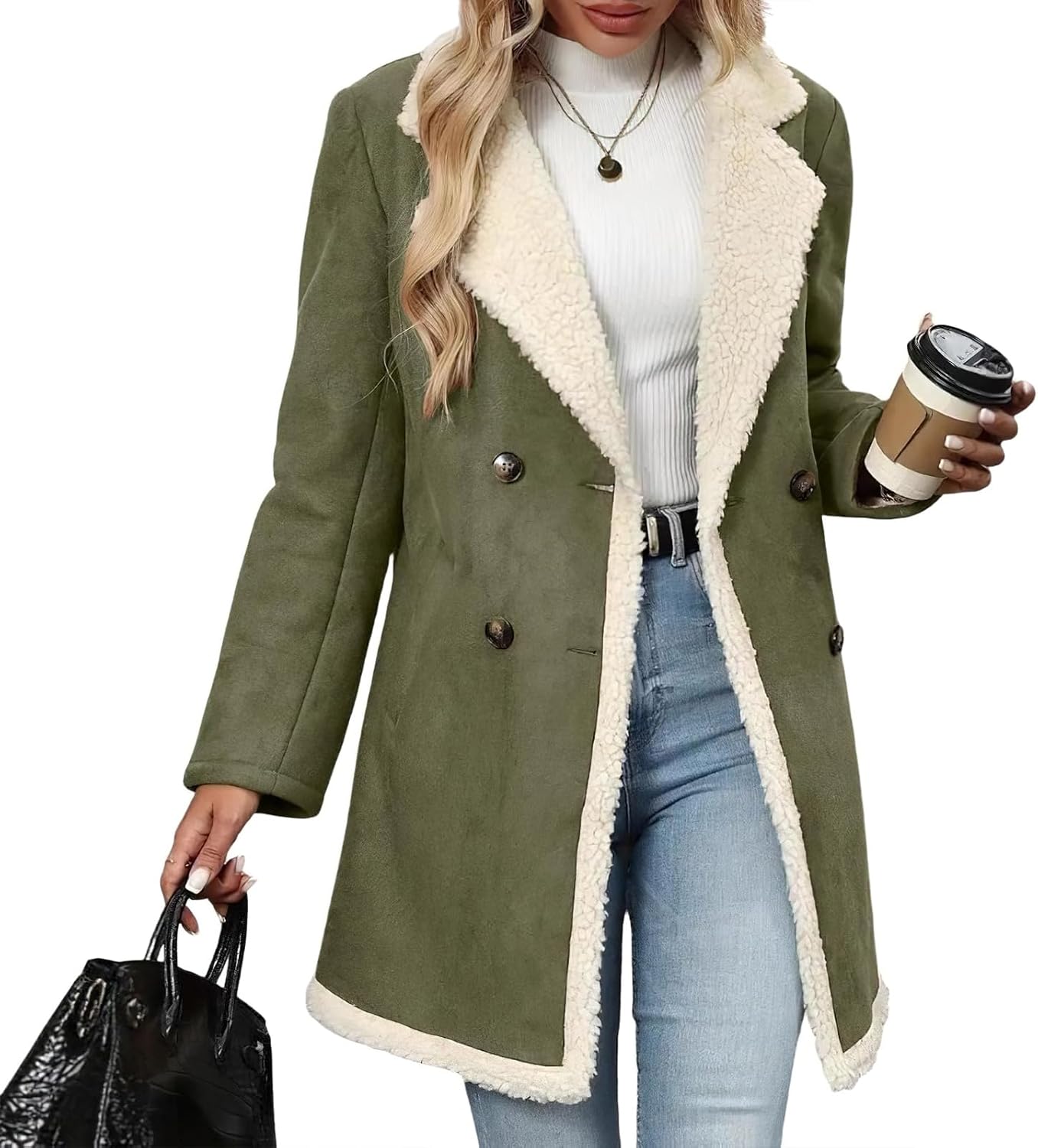 Womens Sherpa Lined Faux Suede Long Jacket Coats Notch Lapel Double Breasted Fleece Fur Leather Winter Warm Overcoat - Image 3