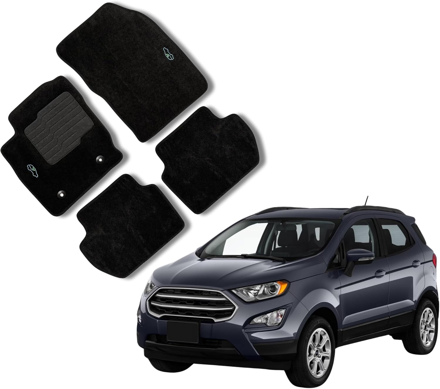 Carpet Floor Mats for 2018 to 2022 Ford EcoSport with Heel Pad and Safety Locks - Front and Rear - Black - ecoMats