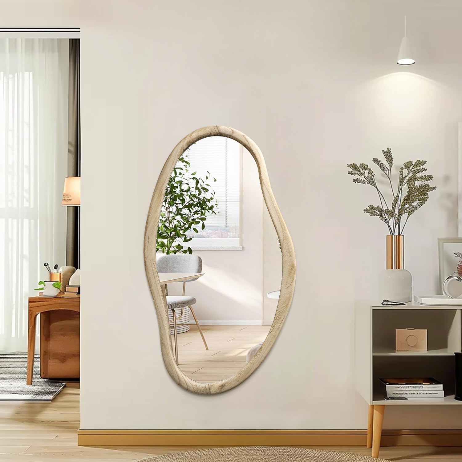 JJUUYOU Espejo de madera irregular asimétrico para montar en la pared del baño 90x60 cm Espejo grande horizontal o vertical para colgar en la pared para maquillaje, dormitorio, sala de estar, de