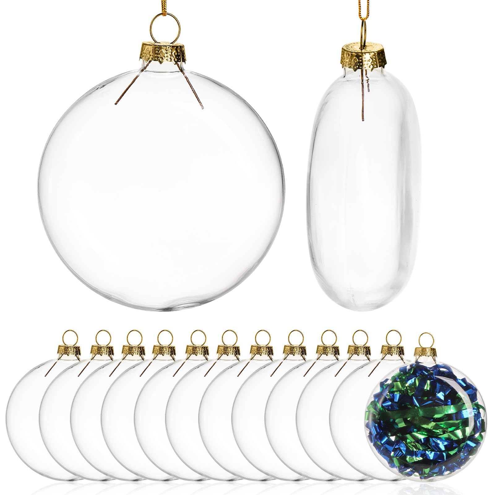 Cididu 12 Pcs Flat Xmas Ornaments Disc Fillable, 3.2 Inch Clear Glass Bulb for Christmas Hanging Ornament Removable Top, DIY Transparent Oval Ball Bulbs Ornaments for Crafts Tree Decor