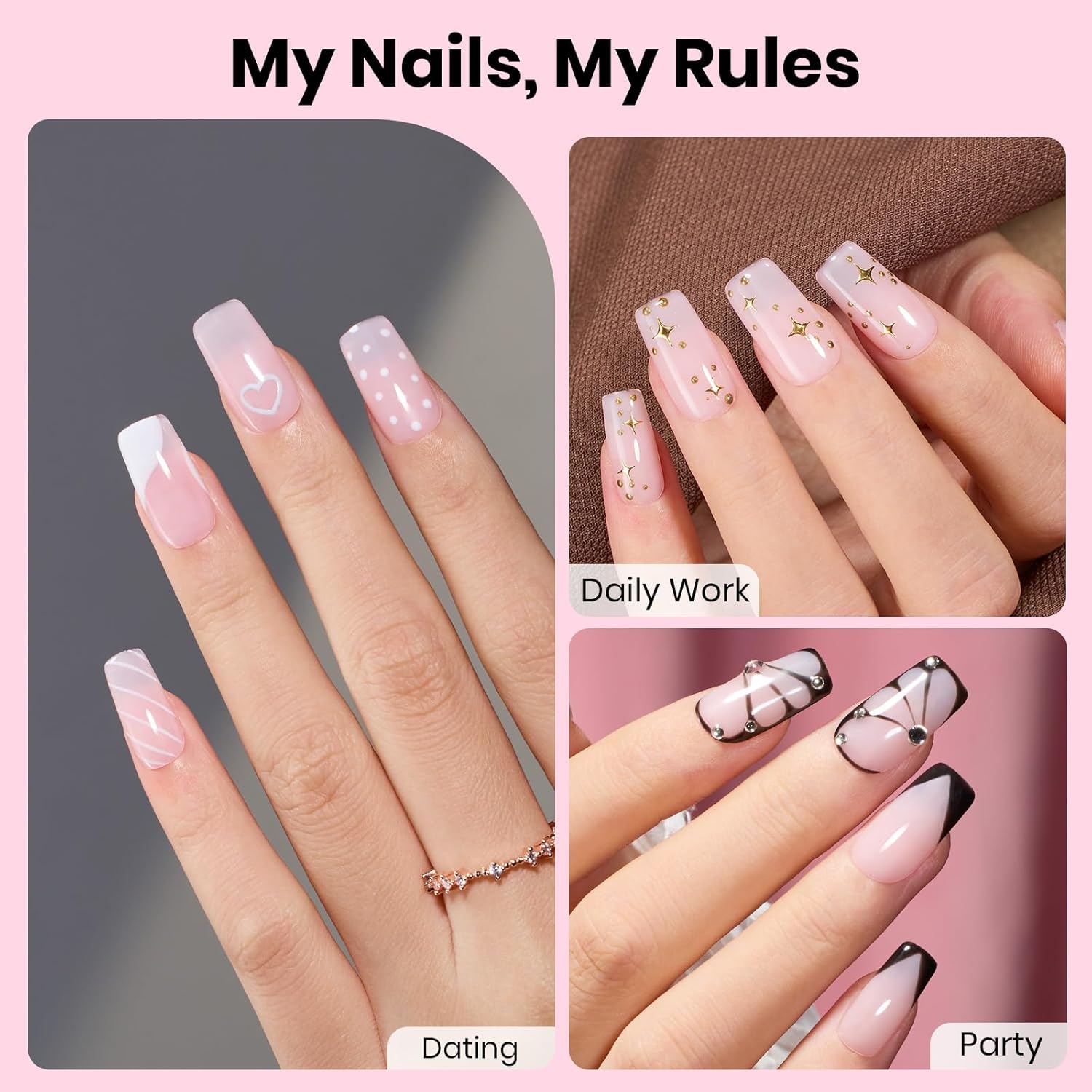 Beetles Gel Nail Kit Etch-X, Square Short, 288pcs 12 Sizes Nail Tips, 3Pcs 15ml HEMA-Free Nail Glue Top Coat & Base Gel Set, with Mini Lamp, Press On Nail, Long Lasting Extension DIY Set at Home