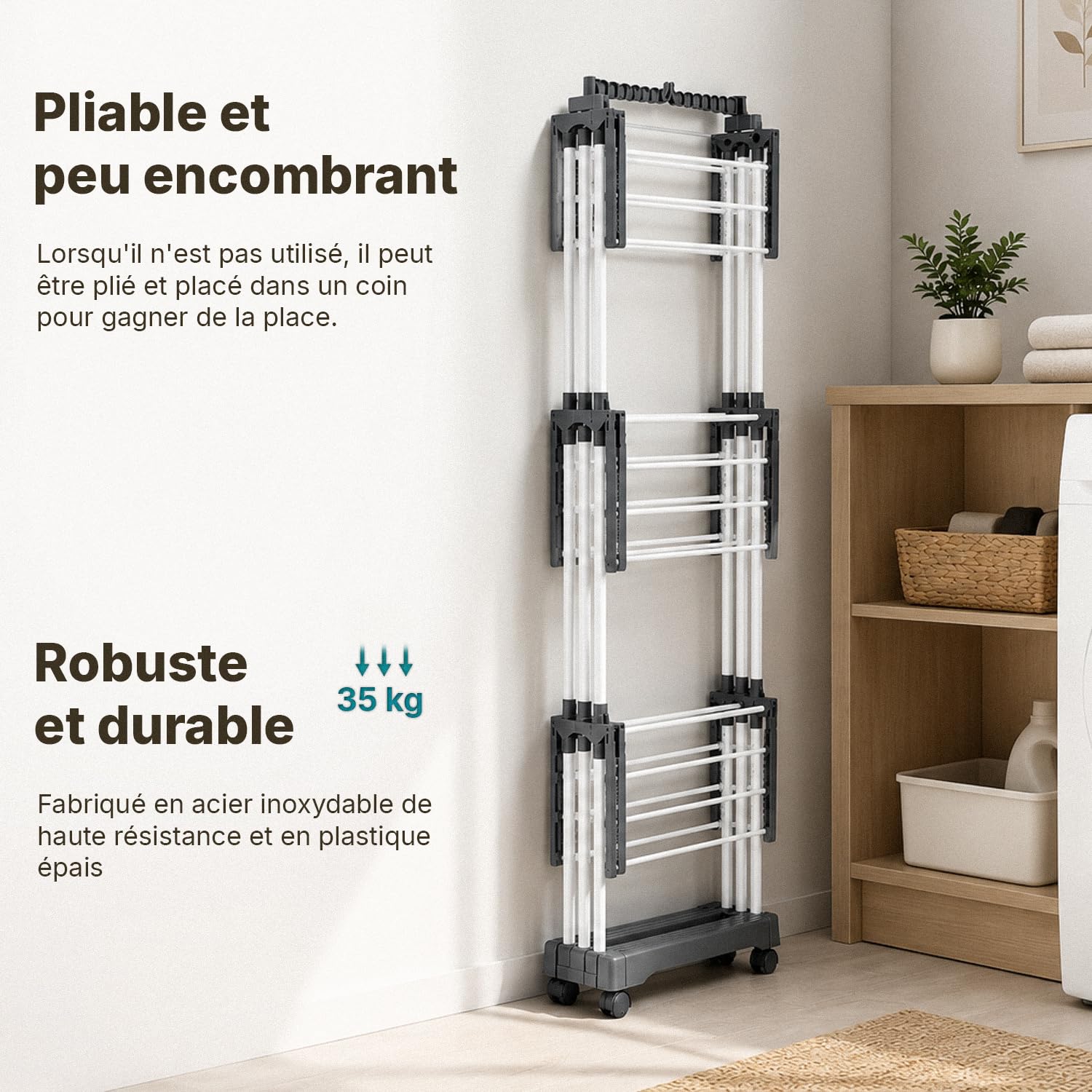 Karol™ Séchoir à Linge Pliable 40 m – Étendoir Vertical 3 Niveaux Grande Capacité – Tour de Séchage avec roulettes, Ailes pour Cintres et Supports Rabattables – Intérieur & Extérieur