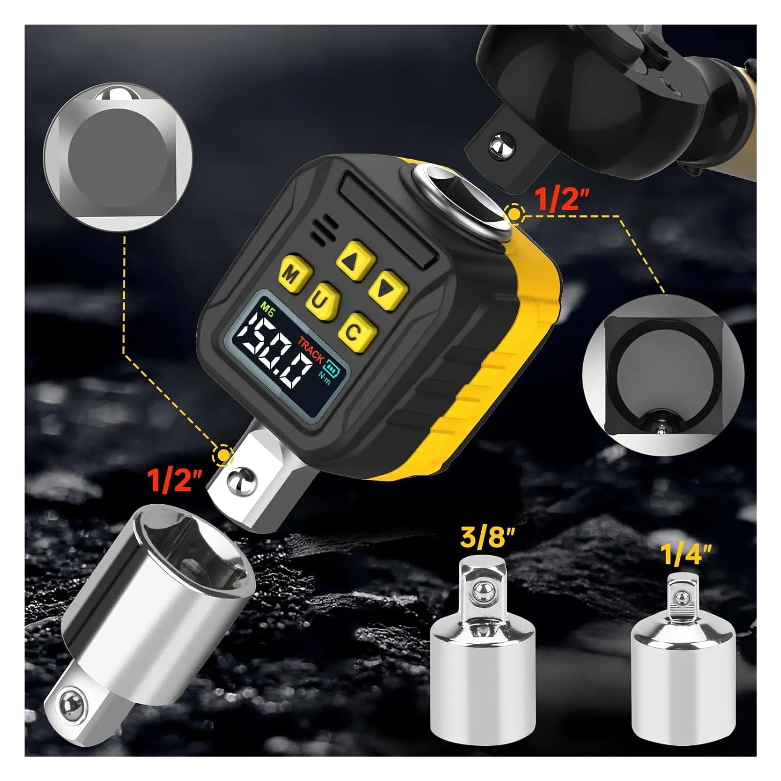 Cyfrowy adapter momentu obrotowego z napędem 1/2", 12,5–250 ft-lb/17–340 Nm, wyświetlacz LCD, dokładność ±2%, uniwersalny miernik Wielofunkcyjna konwersja