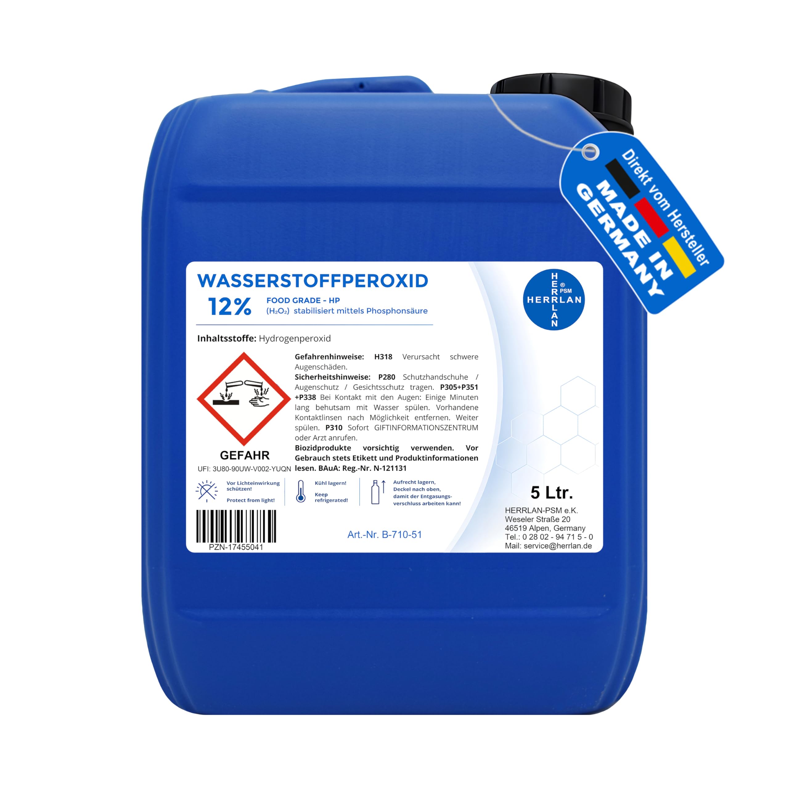 HERRLAN® Wasserstoffperoxid 12% Aktivsauerstoff – 5 Liter Kanister- Stabilisiert - FOOD GRADE Qualität - Wasserpflege & Reinigung - Klarwasser-Effekt - Made in Germany