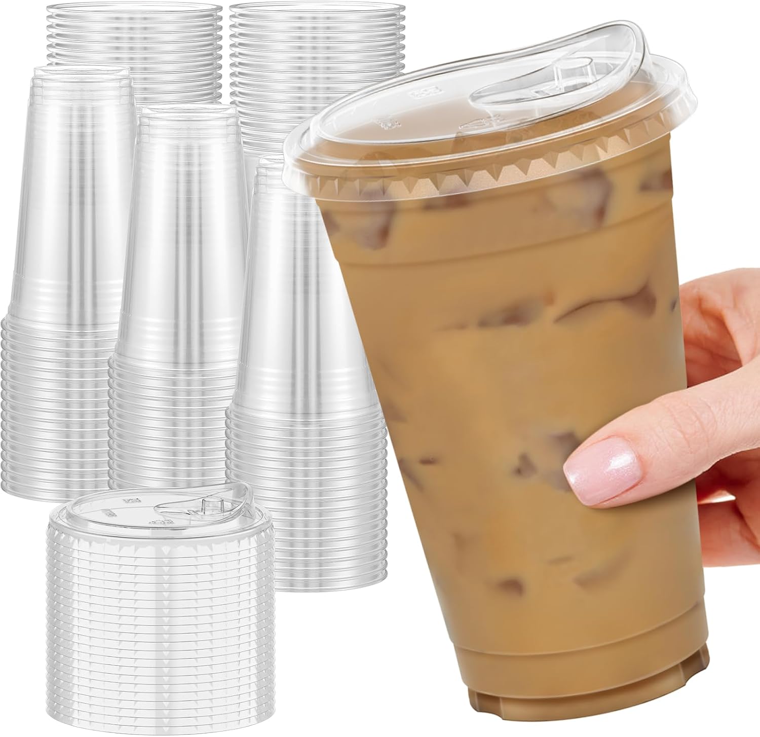 Dealusy 100 Pack – 20 oz Clear Plastic Cups with Lids, Sturdy & Food Safe Iced Coffee Cups with lids, Disposable Plastic Smoothie Cups for Cold Drinks, Sip Lids