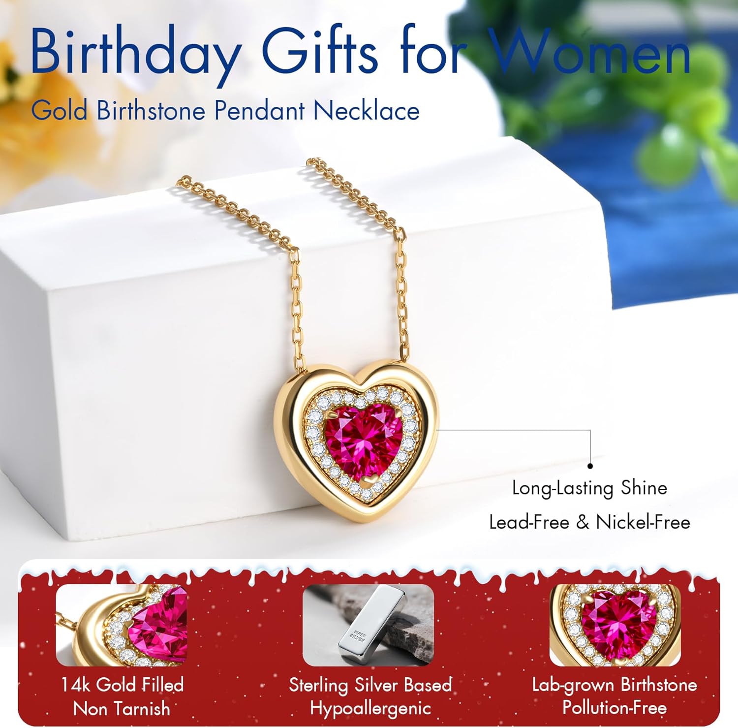 Kstyle Valentine's Day Gifts for Women - 14K Gold Filled 925 Sterling Silver Heart Birthstone Pendant Necklaces, Anniversary Birthday Jewelry Gifts for Wife Daughter Mom Grandma, Non Tarnish 16"+2" - Image 5
