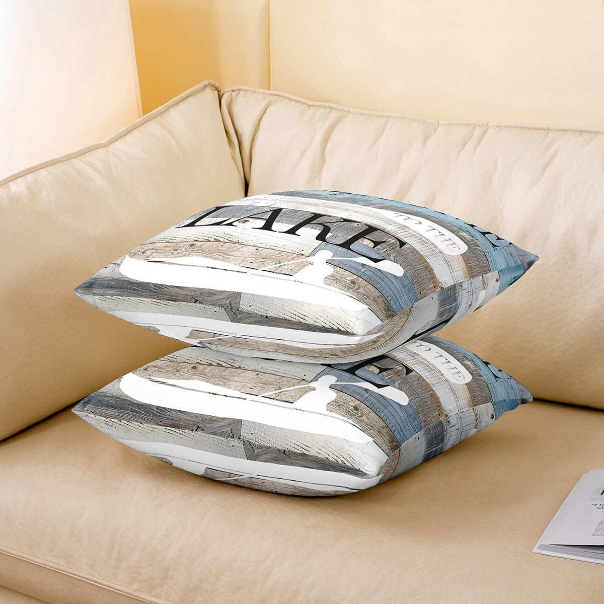 Lake Themed Pillow Cover Blue Gray Retro Wooden Stripes Decor Pillow Case for Kids Teens Adults Lodge Cabin Rutsic Farmhouse Style Soft Cushion Cover for Living Room Sofa 24x24 Inch