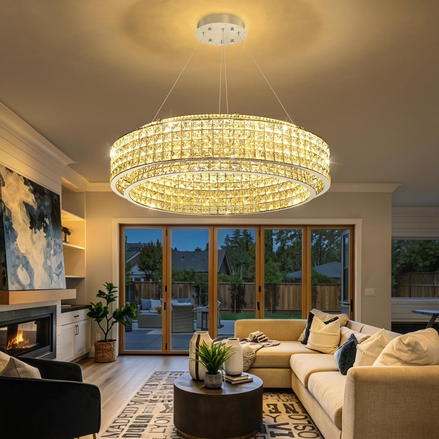 W32 Modern Chandeliers for Living Room LED Dimmable Pendant Lighting High Ceiling Chandelier for Dining Room Foyer Hallway Crystal Rectangle Light Fixtures Silver