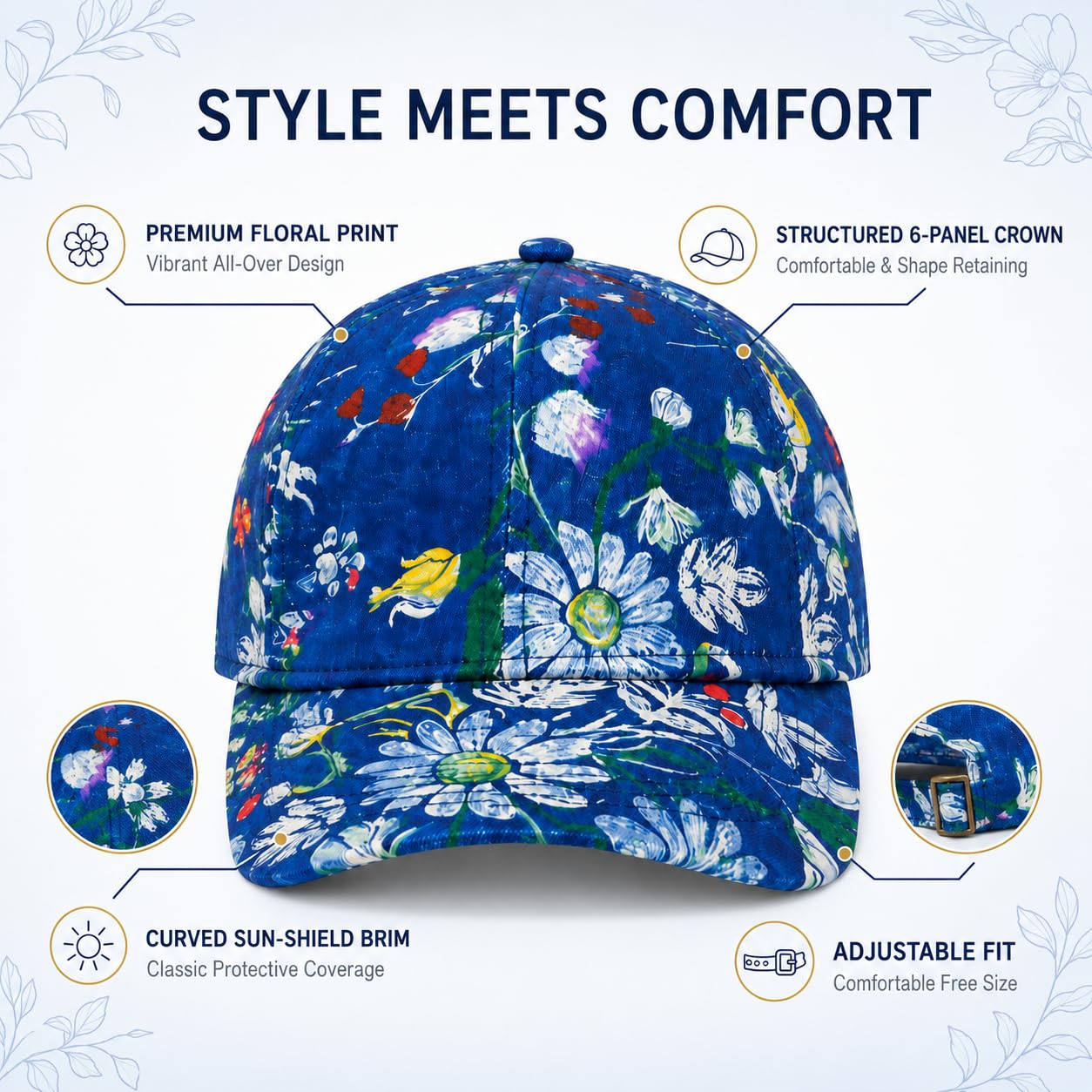 VRITRAZ Floral Printed Baseball Cap for Women & Girls | Adjustable Free Size Curved Brim Sun Hat, Stylish Summer Travel Sports Outdoor & Casual Wear (Blue) 3
