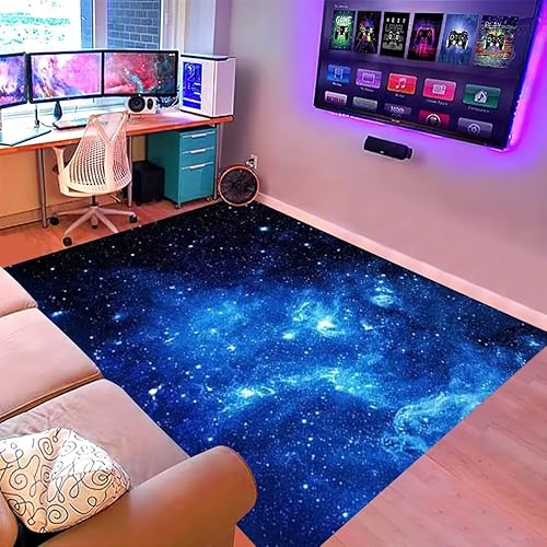 Miniatura 3 de Alfombras de franela de galaxia azul de 3 x 5 pies para cocina, comedor, antideslizante, cielo estrellado, tapete para el espacio exterior, para