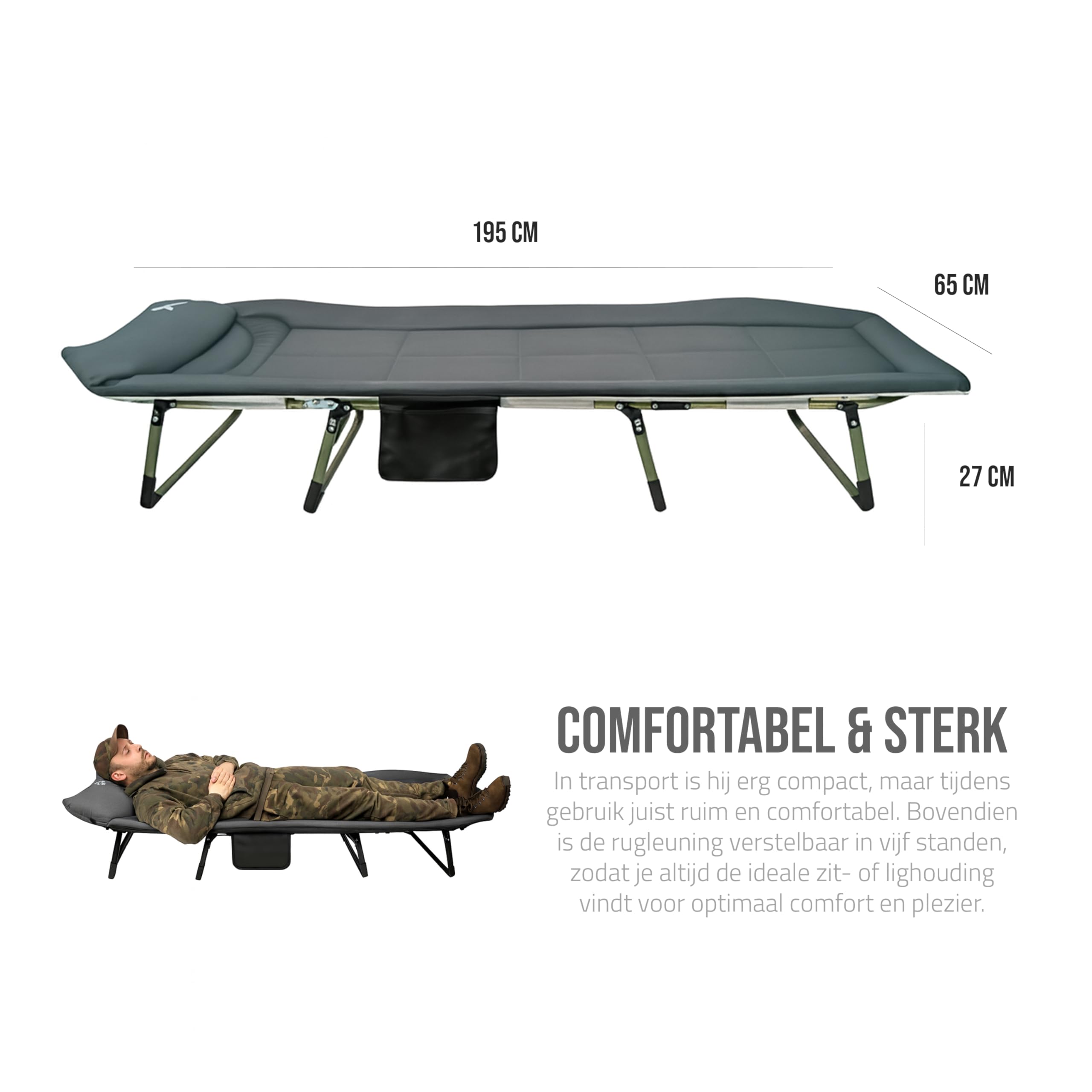 Lettino da pesca per carpa 6 Lettino pieghevole a 8 gambe con schienale regolabile a 5 posizioni, poggiatesta imbottito, tasca laterale e meccanismo pieghevole 6 195x65x27 cm