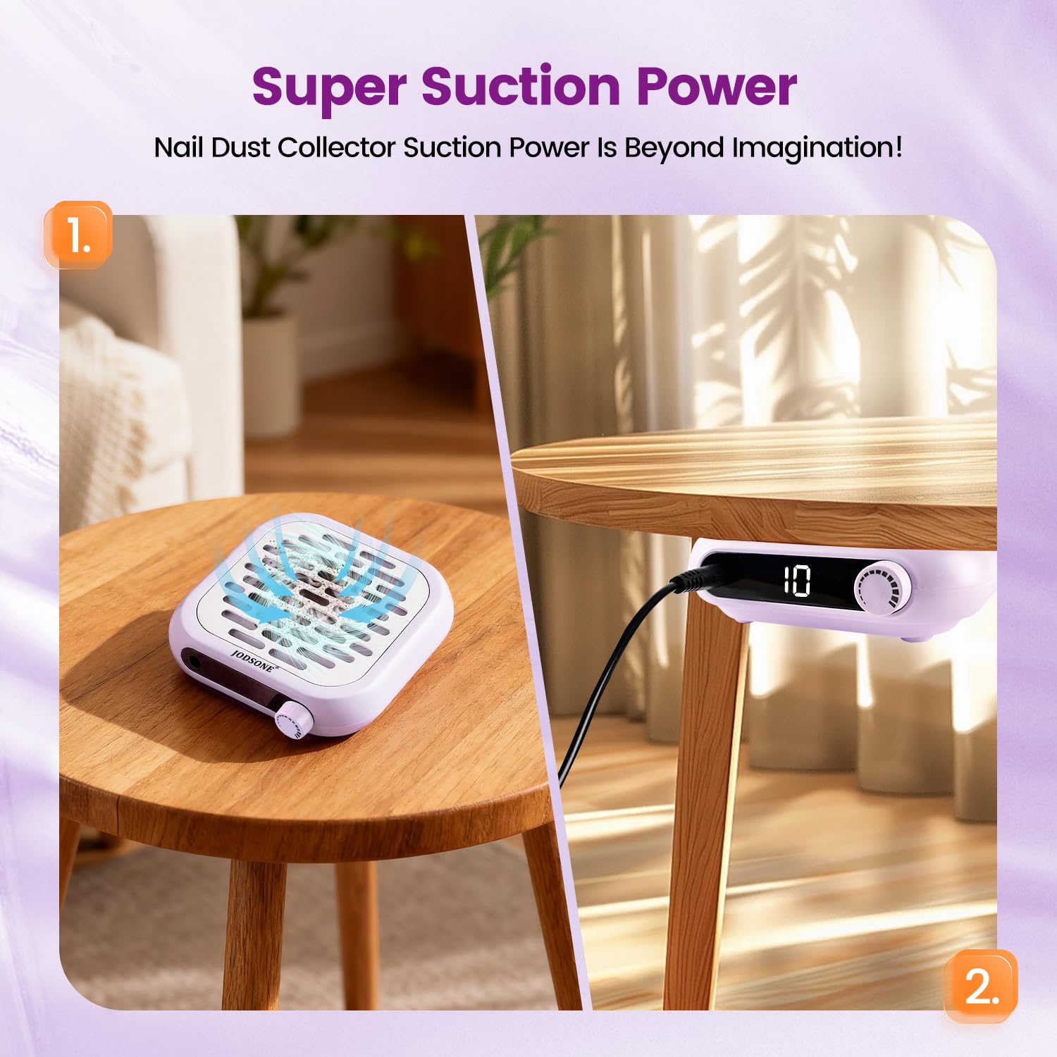 JODSONE 6000RPM Mini Nail Dust Collector Low Noise Powerful Suction Portable Nail Salon with 30 Filters Purple