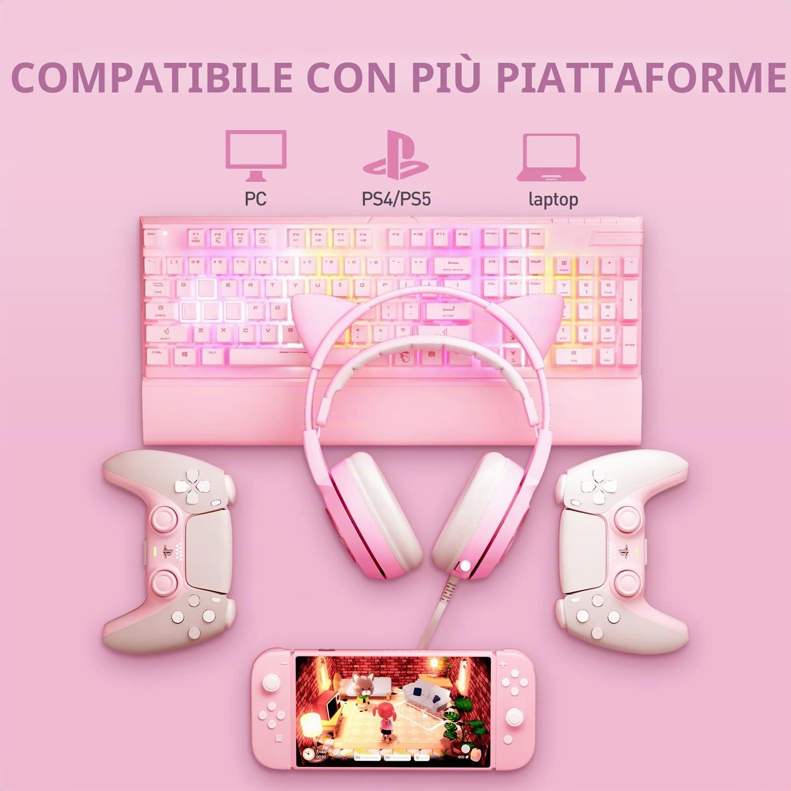 SOMIC G951pink - Cuffie da gioco per PC, PS4, PS5, laptop, cuffie da gioco con microfono con cancellazione del rumore, luce LED, suono surround virtuale 7.1 per ragazze, donne