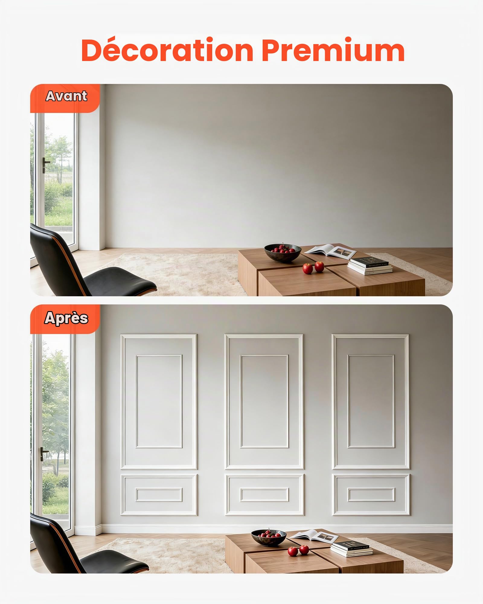 VEVOR Kit Moulure Murale Prédécoupée 3 Lots Cadres Double Ligne Large et Fin pour Décor Intérieure Mur d'Accent Salon Chambre Couloir, Prêt à Poser, Polystyrène Léger à Peindre, Imperméable, Blanc