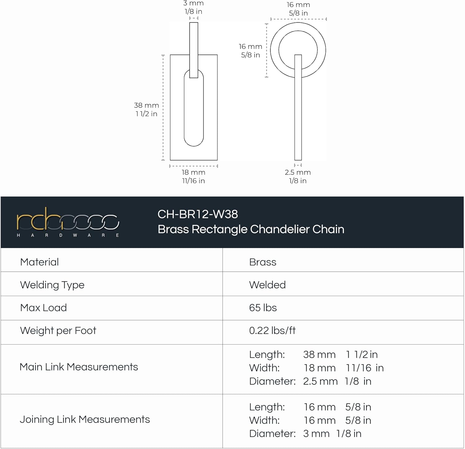 RCH Hardware CH-12-OBB-3 Decorative Solid Brass Chain for Hanging Chandeliers and Pendant Lighting-Rectangular and Circular Design Unwelded Links (3 ft/1 Yard) (Oil Bronzed Black)