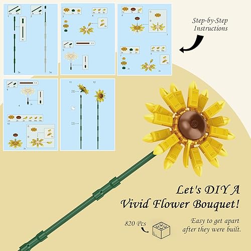 Miniatura 6 de Juegos de construcción de ramo de flores, 15 flores artificiales con jarrón, regalos creativos de Navidad (820 piezas)