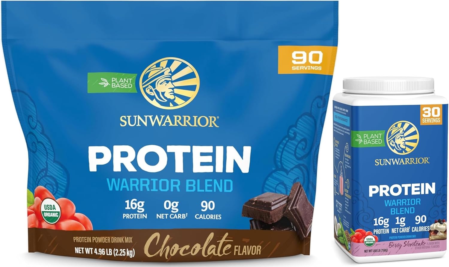 Sunwarrior Berry & Chocolate Organic Plant Based Protein Powder Set | Bundle & Save | Vegan Organic Protein Powder | Non-GMO Soy Dairy Filler & Gluten Free (90 Servings Chocolate, 30 Servings Berry)