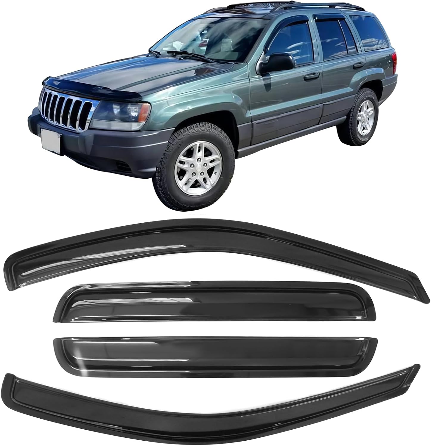 Tape on Outside Mount Window Visors Compatible with 1999-2004 Jeep Grand Cherokee, Rain Wind Guard 4PCS - Acrylic by IKON MOTORSPORTS, 2000 2001 2002 2003