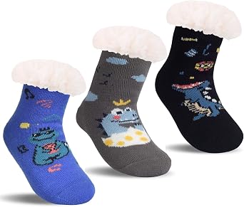 FENELY 3 Pairs Winter Kids Fuzzy Slipper Socks 2-4/4-6/6-8 Girls Boys Thermal Warm Non-Skid,Gifts for Christmas Stocking