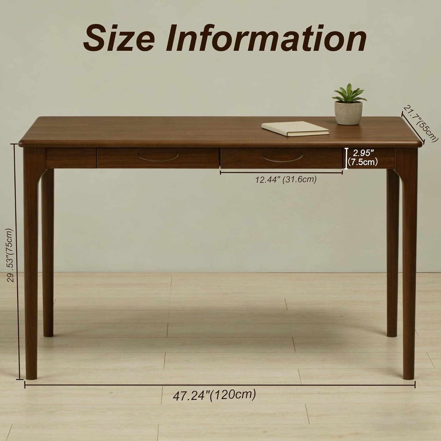 47" Solid Wood Desk with Drawers, Small Home Office Writing Wooden Desk, Gaming & Computer Desk for Bedroom, Work Study Table for Small Space(Walnut,47 Inch)