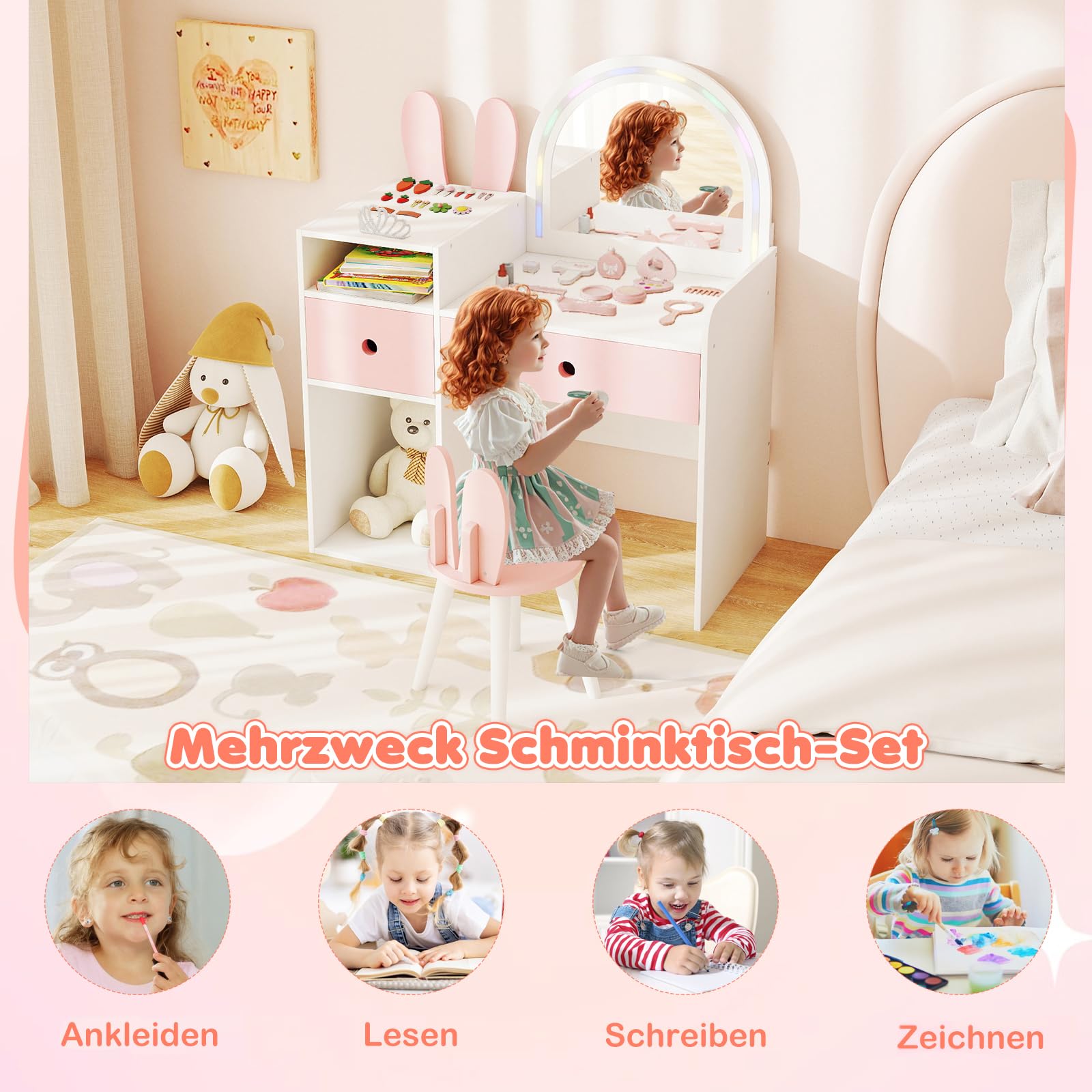 COSTWAY Kinder Schminktisch mit Beleuchtung, Frisiertisch mit bunten LED-Lichtern & Hocker, Kinderschminktisch mit 2 Schubladen, offenen Fächern, Kosmetiktisch für Mädchen ab 3 Jahren (Weiß+Rosa)