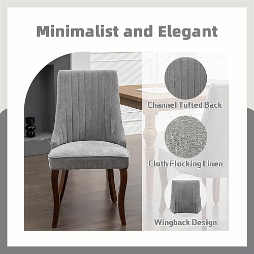 Miniatura 4 de Juego de 4 Sillas de Comedor Grises, Sillas de Cocina y Comedor de Lino con Acolchonado de Canales con Patas de Madera Maciza Curvadas, Silla de