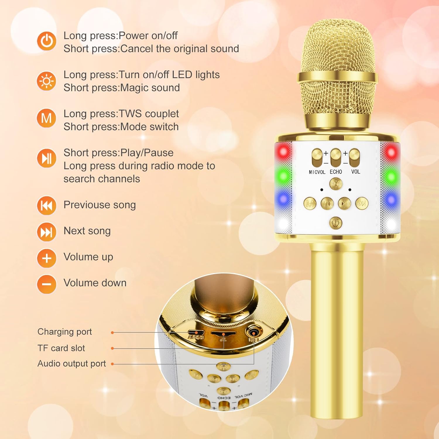 Microphone,Voice Changing Microphone for Kids Duet Singing Portable Karaoke Mic Speaker Player Recorder Machine for Birthday Home Party (Gold)