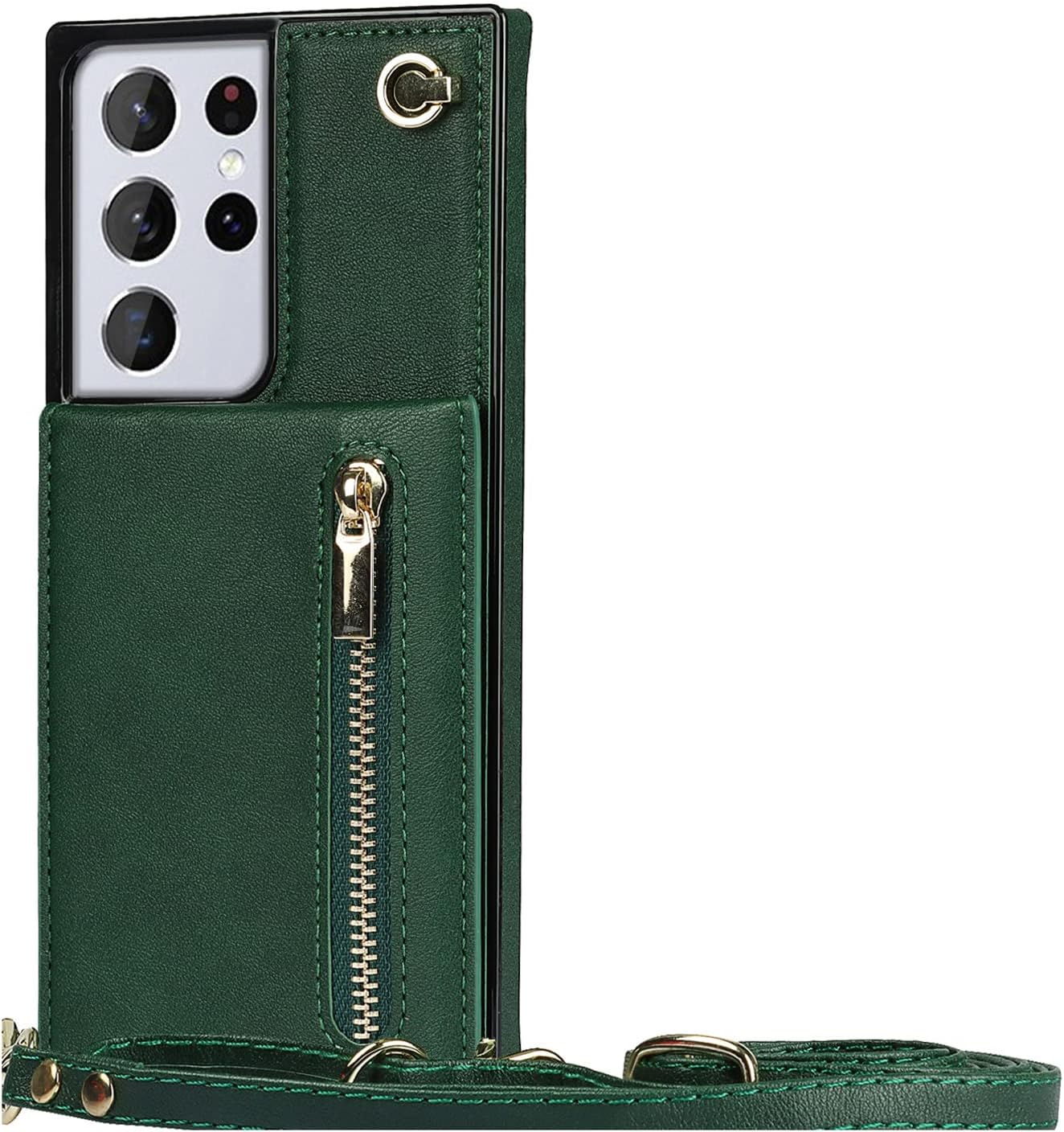 Case for Samsung Galaxy S23/S23 Plus /S23 Ultra, Magnetic Flip Folio Wallet Case, PU Leather Zipper Back Cover with Detachable Lanyard Strap Kickstand,Green,S23 Ultra 6.8"