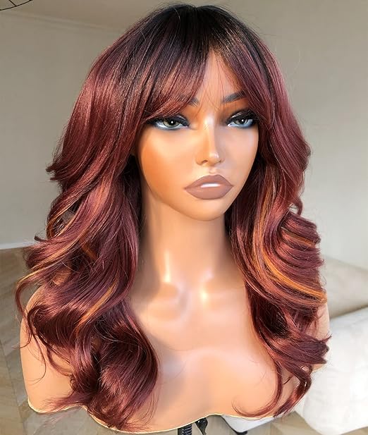 BlackSwern Glueless Body Wave Wig, Highlight Blowout Wigs with Bangs, Face Framing