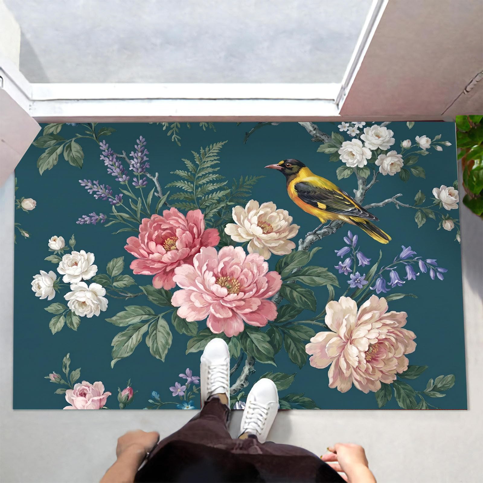 Felpudo Ultrafino para Interiores, 80X120Cm, Flores Rurales Pájaros Alfombra Antideslizante Lavable para Entrada, Peonía Retro Planta Felpudo De Perfil Bajo, Atrapa Suciedad, Cian Oscuro