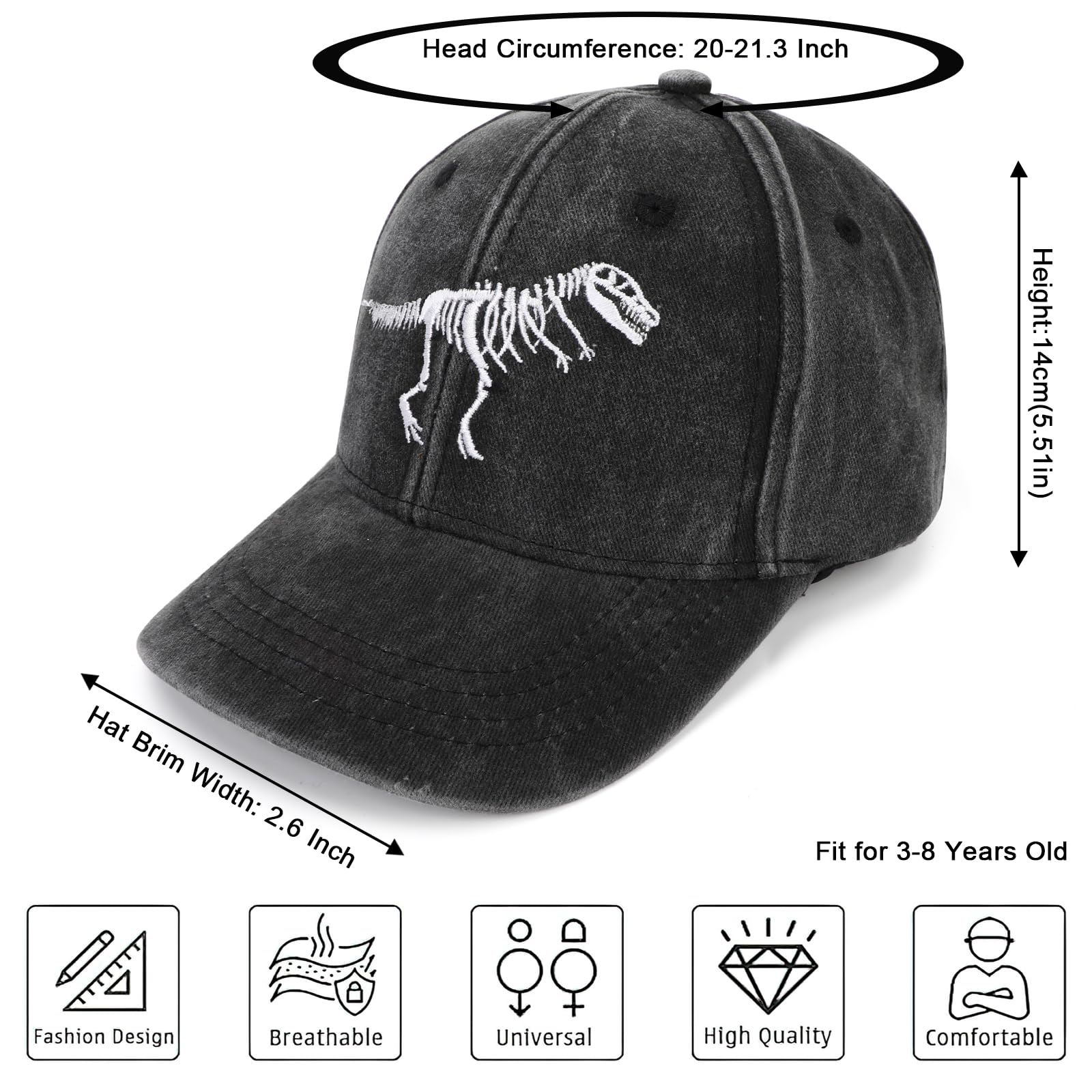 QKURT Gorra de Béisbol para Niños, Gorra de Sol de Verano, Gorra Deportiva con Protección UV, Gorra de Camionero Ajustable con Patrón de Dinosaurio para Niños de 3 a 8 Años