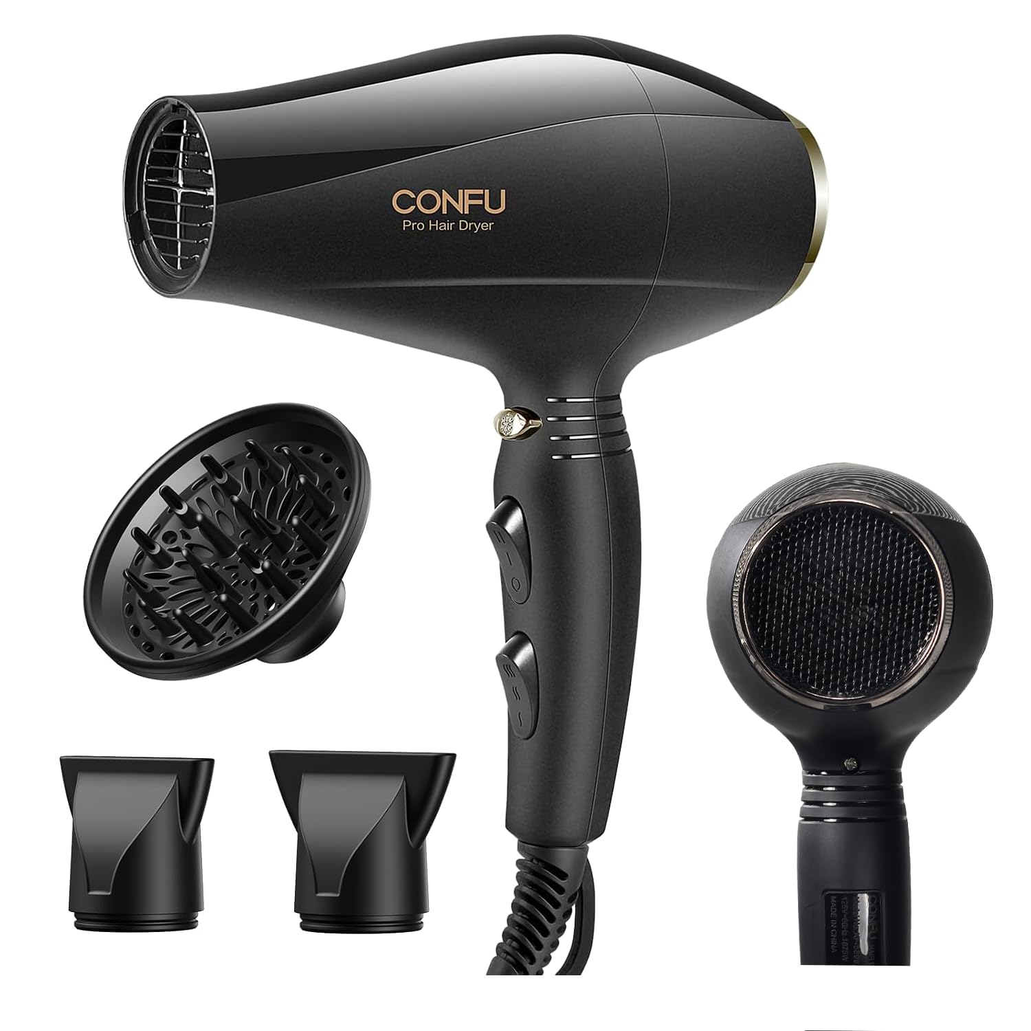 Ionic Hair Dryer with Diffuser, CONFU Professional Salon Blow Dryer with Ac Motor, 2 Concentrator Nozzle Attachments and ALCI Safety Plug, for Women and Men and Home Salon