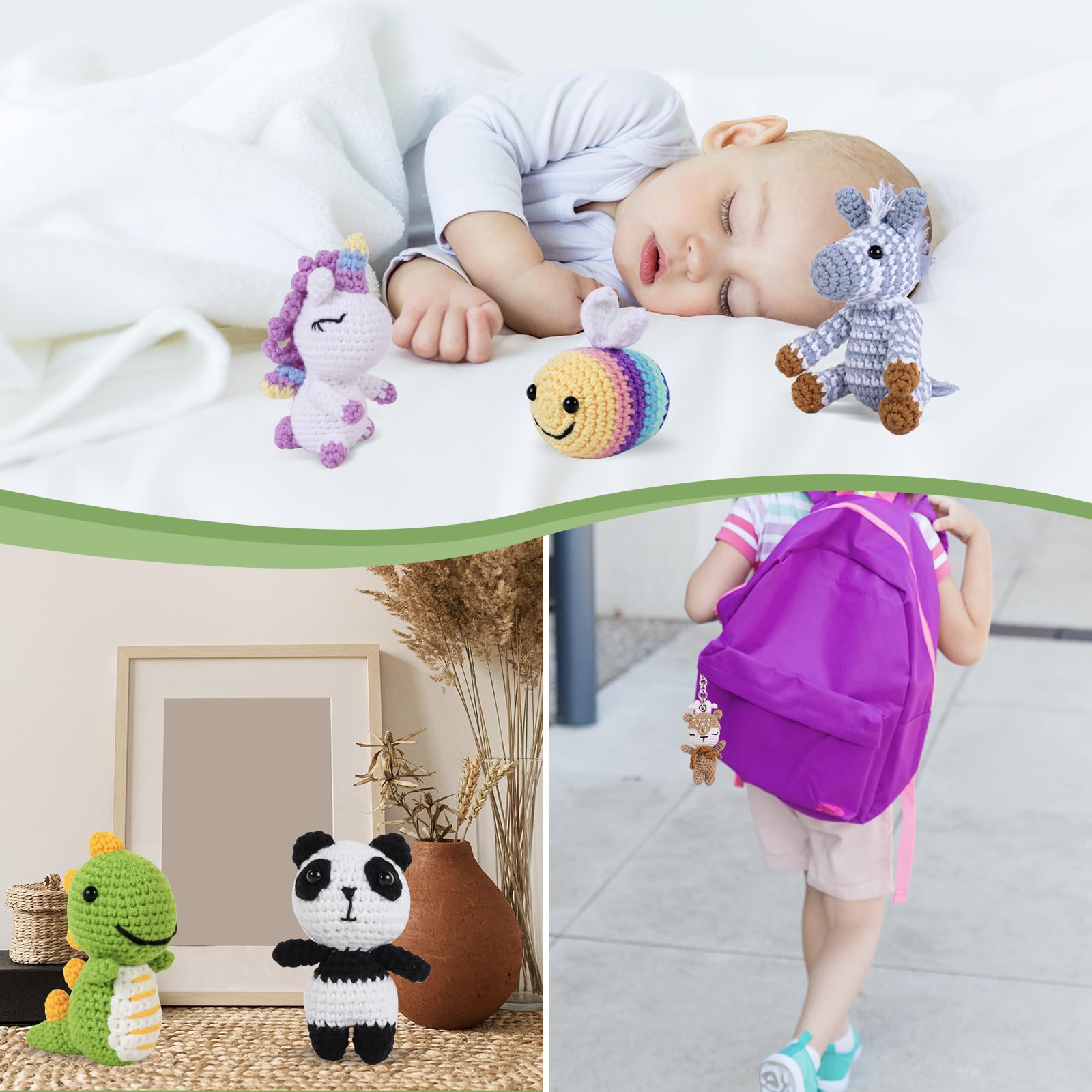 6PCS Crochet Kit for Beginners, Knitting Starter Pack for Adults and Kids，Amigurumi Crocheting Animals Kits with Step-by-Step Video Tutorials Dinosaur, Rainbow Bee,Unicorn，Elk, Panda or Zebra