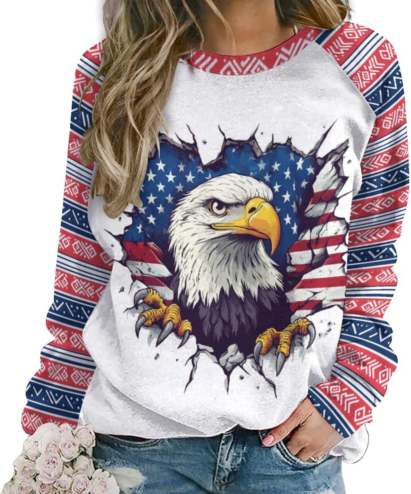 - American Eagle Sweatshirt for Women Casual Long Sleeve Oversized Patriotic Shirts for Women Long Sleeve Shirts for Women Loose Fit Pullover Tops Graphic Tees Lightweight Tops C5-Eagle 3XL