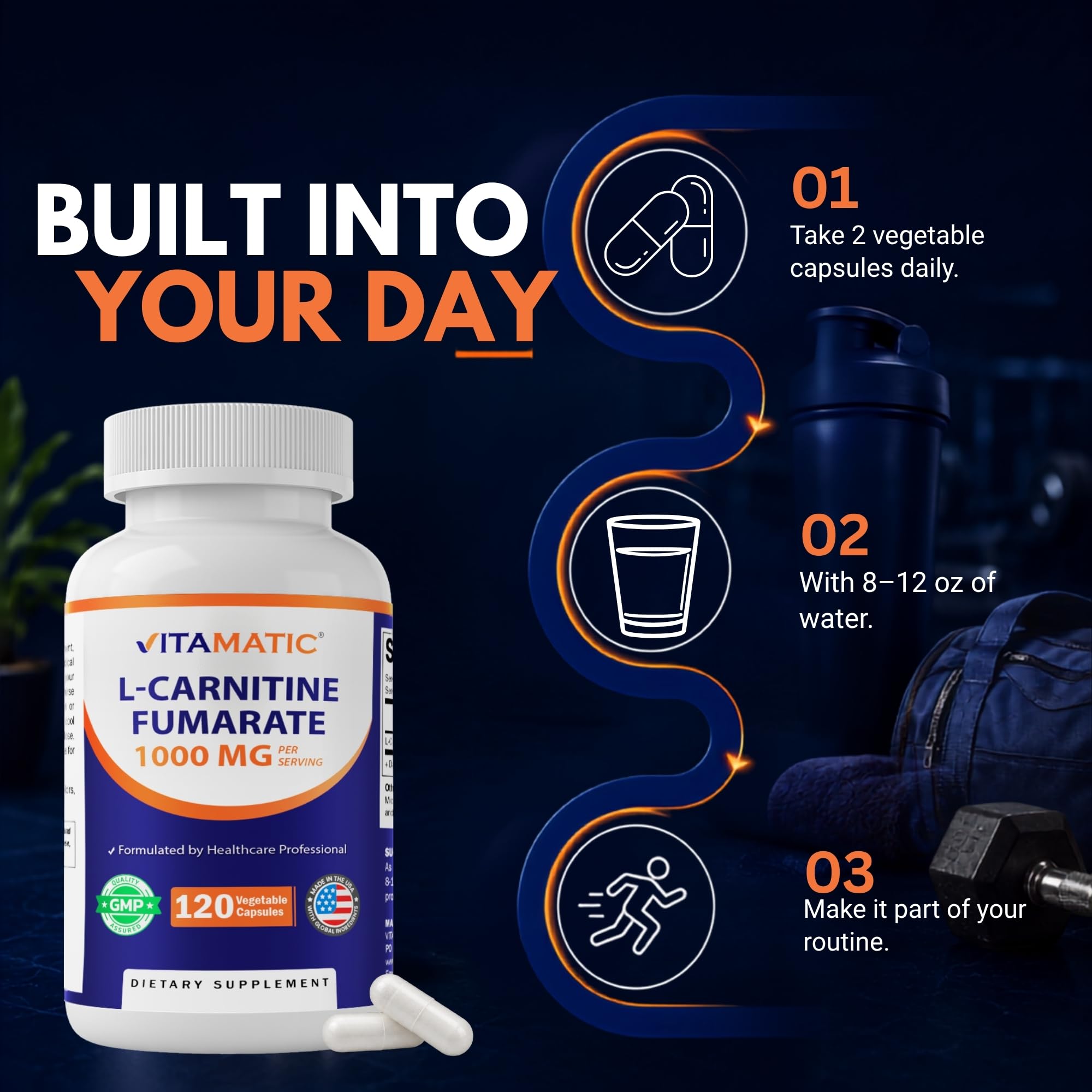 Vitamatic L-Carnitine Fumarate 1000 mg - 120 Vegetable Capsules (3 Bottles)