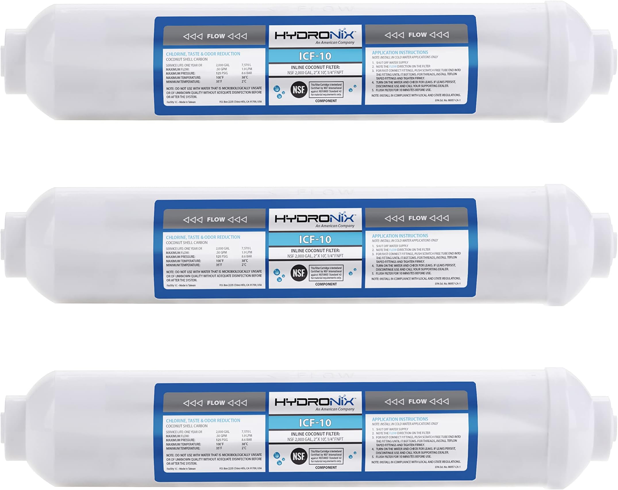 Hydronix ICF-10 Inline Post Activated Carbon Water Filter Replacement Cartridge with 1/4-Inch NPT for Refrigerator, Ice Maker, RO Reverse Osmosis System, 2000 Gallons - 1 Year Capacity (3 Pack)