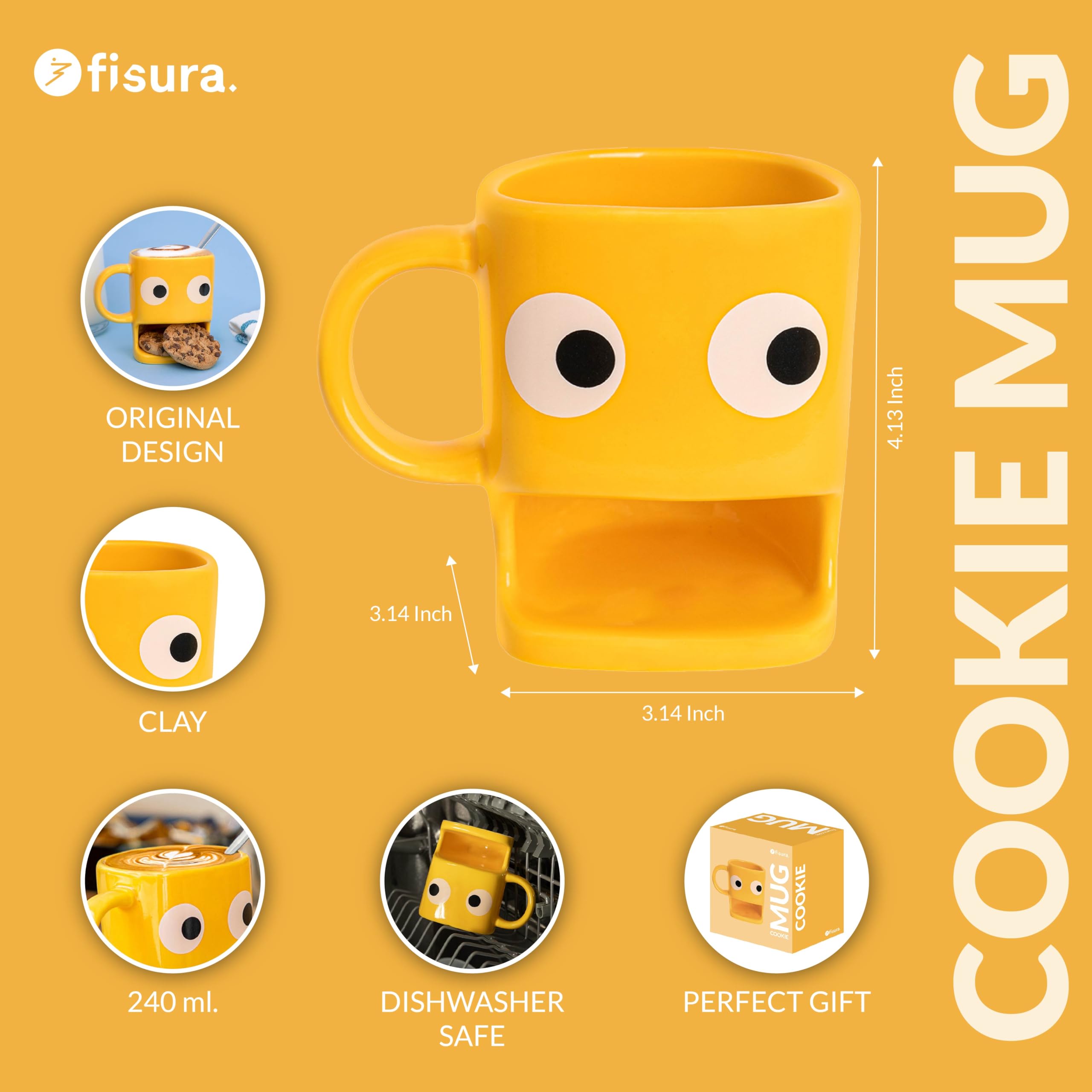 Fisura, Original Coffee Mugs with Biscuit Compartment, Yellow Ceramic Tea Mug with Stylish Design, Cappuccino Coffee Caps - Image 2
