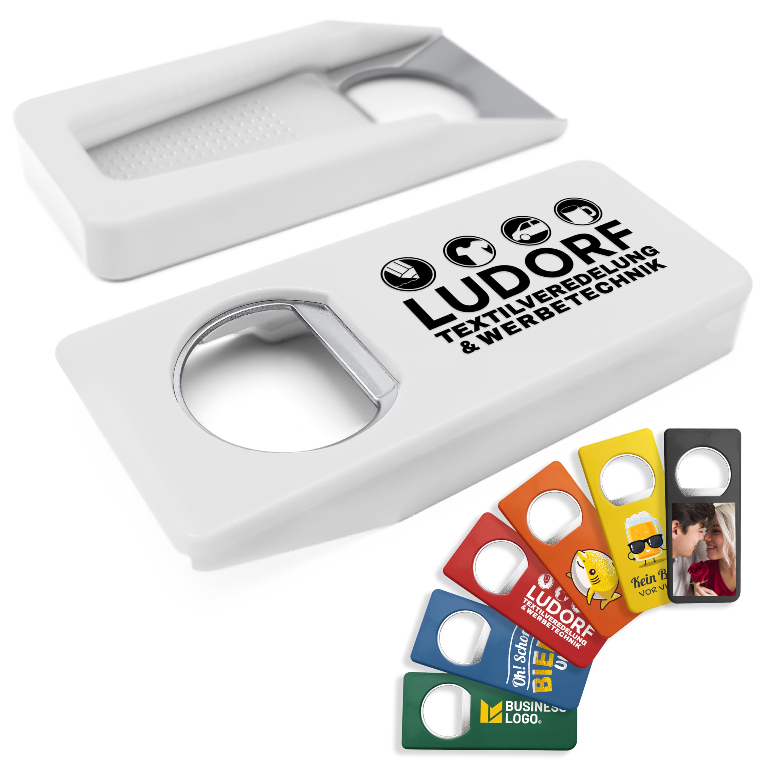 100 Stück Flaschenöffner mit spezieller Beschriftung in Weiß – personalisierbar mit eigenem Text und Bild, erhältlich in mehreren Farben, perfekt für Bierliebhaber