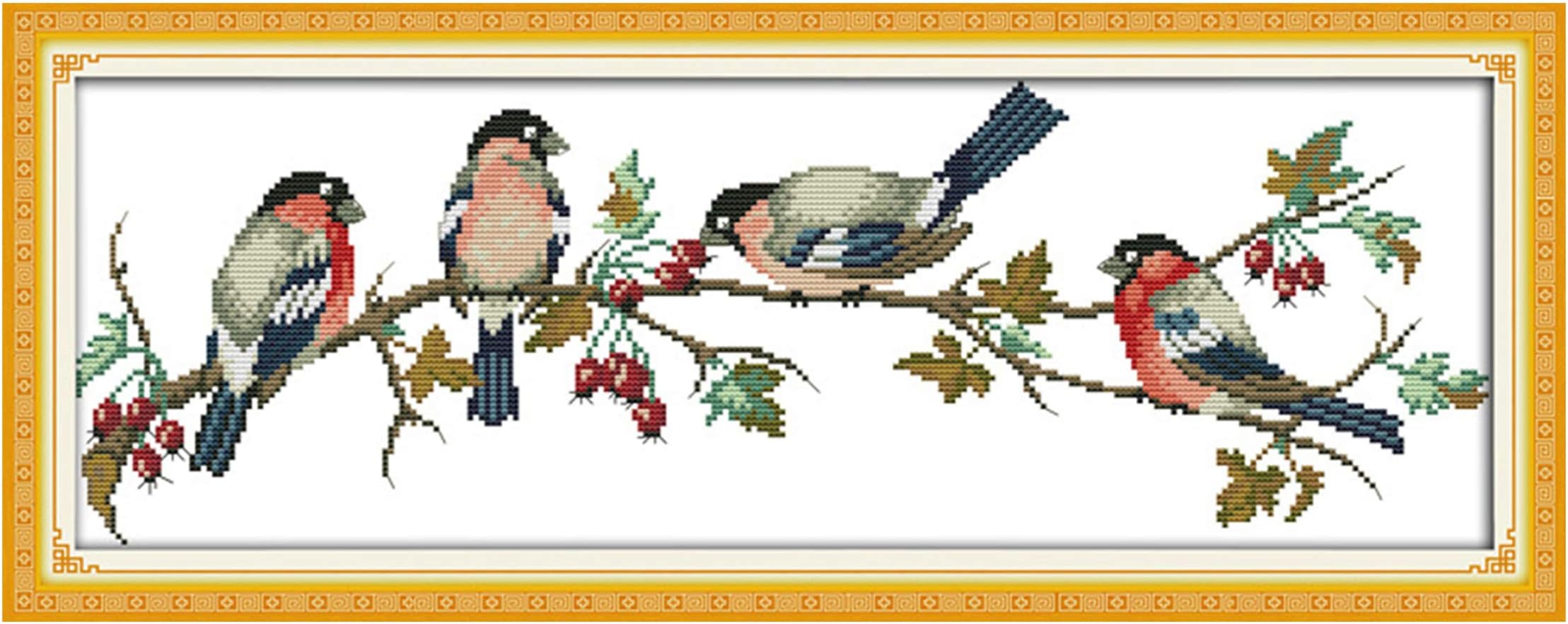 eGoodn Cross Stitch Stamped Kit Pre-Printed Pattern Bullfinches, 11ct Aida Fabric Size 26.8 inches by 9.8 inches for Embroidery Needlework Art Crafts Lovers, No Frame