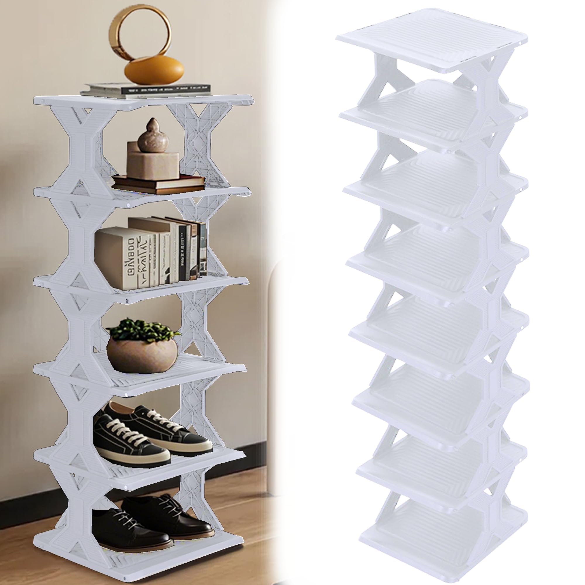 SUQ 8 Tier Narrow Shoe Rack, Corner Shoes Tower, Space-Saving Shoe Organiser, Stackable Shoes Shelf for Entryway, Hallway and Wardrobe (White)
