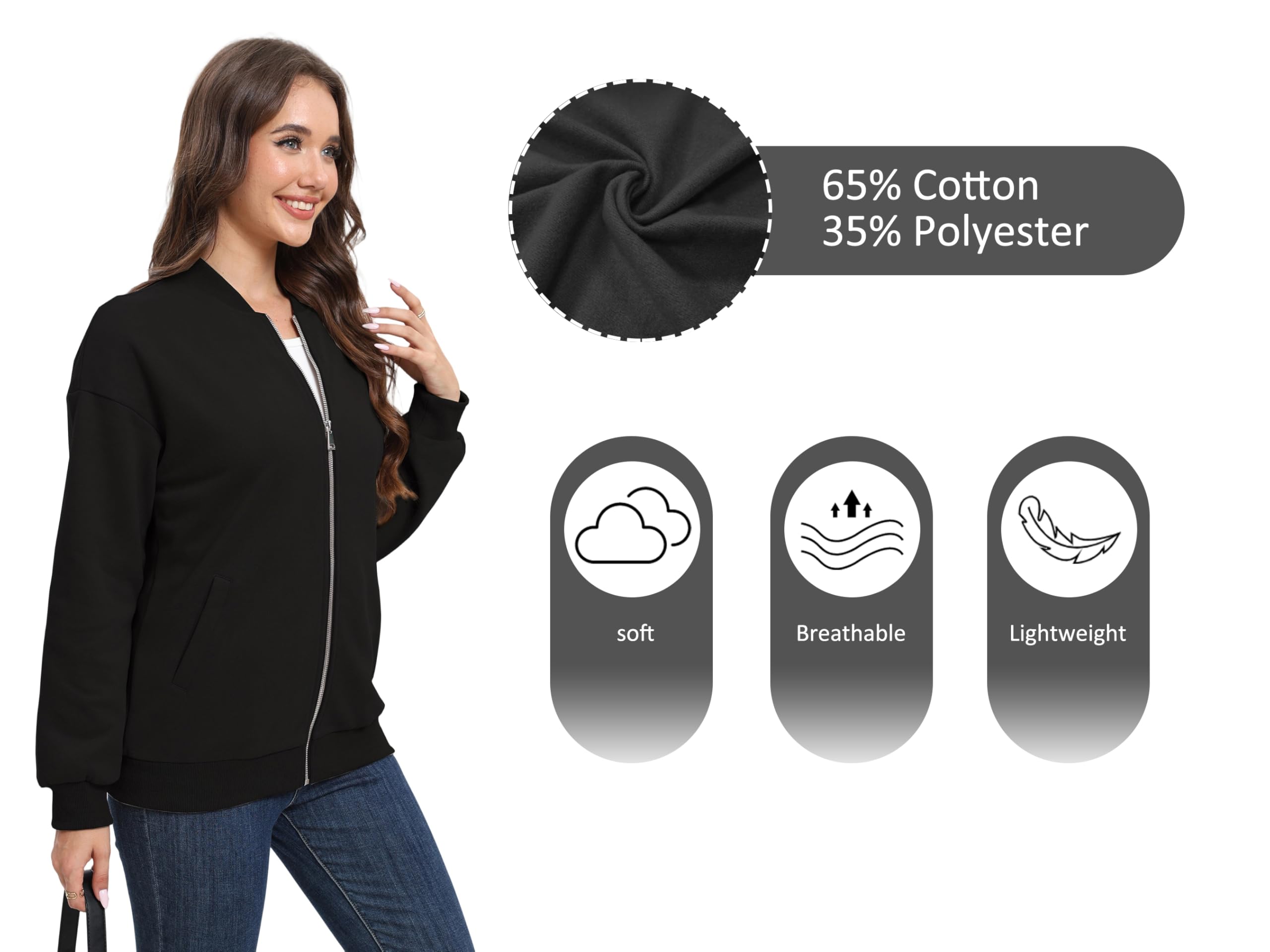 Timuspo Sudaderas con cremallera para mujer, chaqueta bomber de moda, manga larga, holgada, abrigos casuales con bolsillos