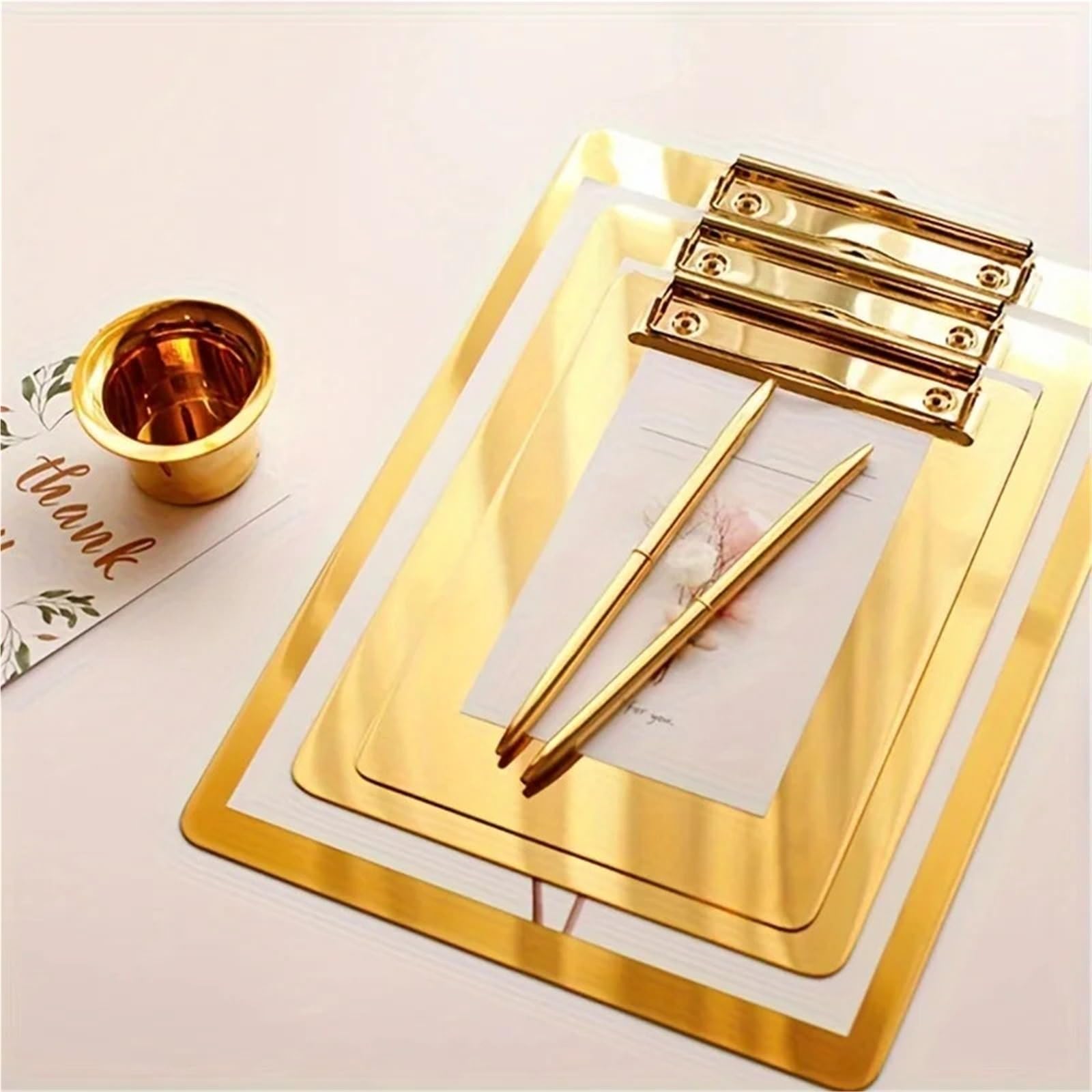 Portapapeles Tablero de escritura acero inoxidable dorado con clip, portapapeles for pedidos restaurante, portamenús, datos(XL)