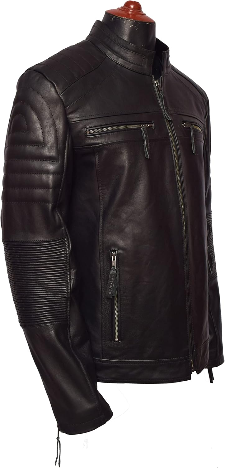 David Rox Cafe Biker leather jacket men Armored Motorcycle Slim Fit Racer Riding Jacket Real Cow Hide Leather, Black - Image 3