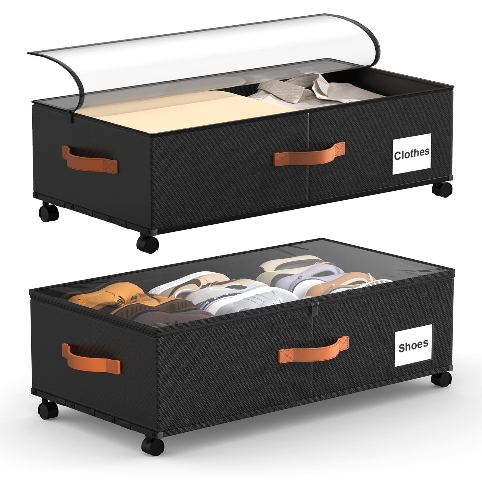 Eastherry Under Bed Storage Containers with Wheels, 9.5 inches Higher Underbed Shoes Blankets Clothes Toy Storage Drawers for College Dorms Bedrooms Nursery Rooms Organization, 2 Pack to be Assembled