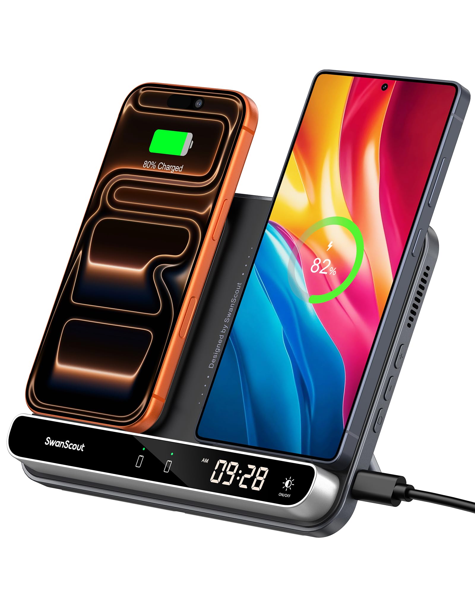 Dual Induktive Ladestation für 2 Handys, 30W Doppel Handy Ladestation für iPhone Air/17 Pro/17 Pro Max/17/16/15/14/13/12/Samsung Galaxy S25/S24/S23/S22/S21/S20, AirPods/Galaxy Buds (Black & Tech Grey)